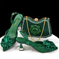 Elegant Green Handbag & Medium Heel Shoe Set with Exquisite Handmade Floral Accents