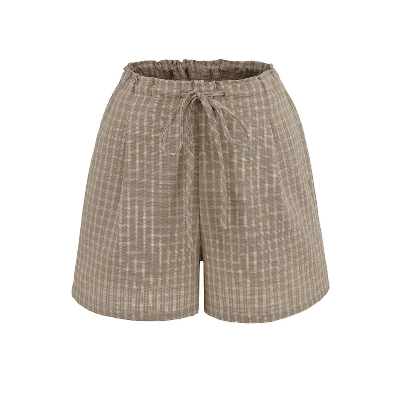 Retro Women Summer Plaid Straight Shorts Bow Drawstring Waist Wide Leg Loose Casual Short Pants