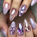 24pcs Purple Crystal Decor False Nails Irregular Crystal Almond Press on Nails Wearable Detachable Ins