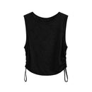 Black sleeveless top with drawstring details on a white background, featuring the brand 'Obroi'.