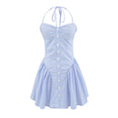 Blue Striped Halter Strapless Dress Women Front Button Low Waist Summer Backless Dresses