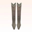 Pair of gray knee-high boots on a white background, Obroi