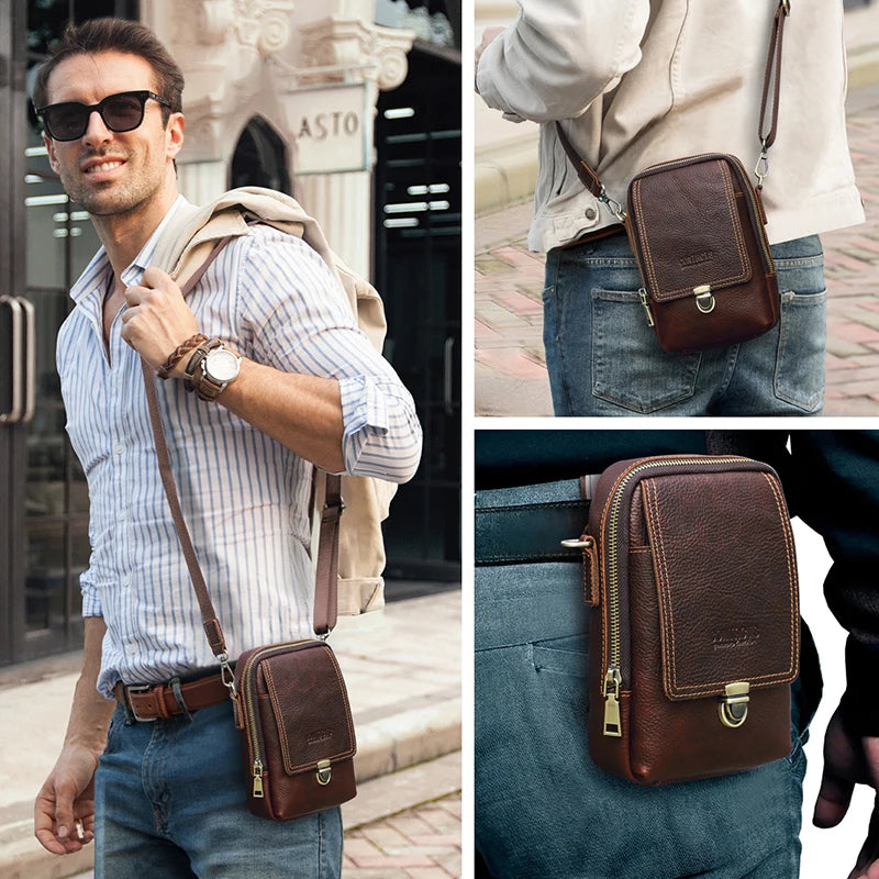 Genuine Leather Men‘s Small Messenger Bag Casual Crossbody Shoulder Bag with Travel Waist Pack Bag