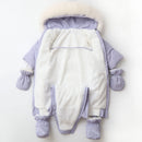 Baby outfit with white body, purple trim, and matching booties on a light background, Obroi