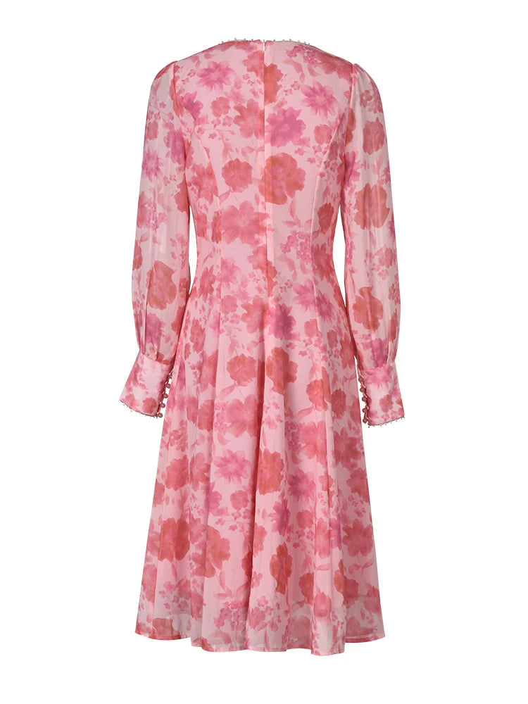 Elegant Dresses For Women Beaded Spliced Lantern Sleeve Dress Summer Female Clothing