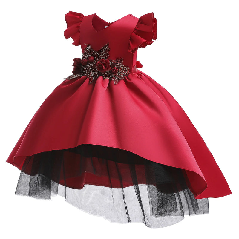 Elegant Children's Red Flower Dress Girls Dresses For Party And Wedding Tulle Bridesmaid Costume