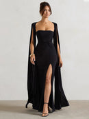 Long Cape Sleeve Split Maxi Dress For Women Gown Square Collar Evening Long Dress Elegant