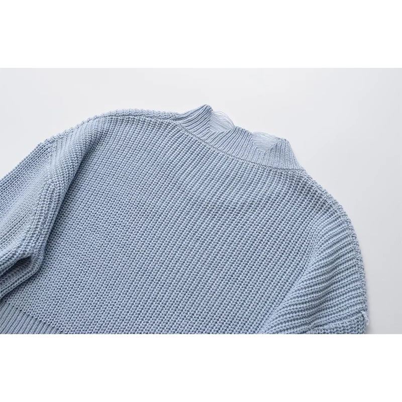 Autumn Women Vintage Lazy Hole Crop Knit Sweater Oversize Pullover Chic Top