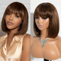 Comparison of a real person and a mannequin wearing a brown bob wig with bangs, Obroi