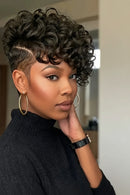 Woman with styled hair next to text highlighting wig features, Obroi