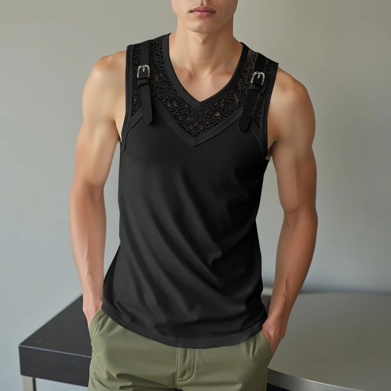 Men Tank Tops Lace See Through Male Vests Sleeveless Summer Men Clothing
