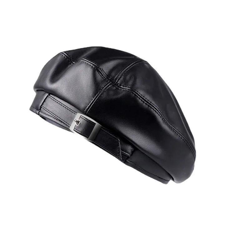Girl Leather Beret Beanie Hat Cap Women Plain Beret Hats Solid Color Elegant Lady Artist Caps Belt Beanies