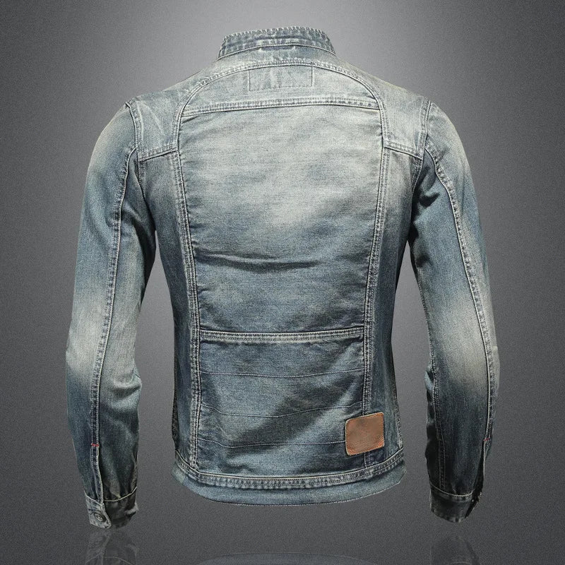 Men Retro Denim Jackets Patchwork Motorcycle Biker Coats Streetwear Slim fit Outerwear