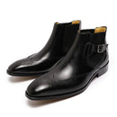 Luxury Men Genuine Leather Ankle Boots Black/Brown Wingtip Snake Buckle Strap Chelsea Shoes