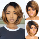 Three views of a woman with a styled wig featuring black roots and brown highlights, Obroi