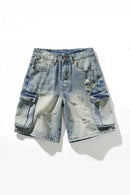 Summer Men's Cargo Denim Shorts Wide Leg Harem Shorts