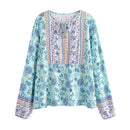 Boho Queens Women Floral Lace-up Bohemian Blouse Shirts Long Sleeve Tassel Rayon Tops
