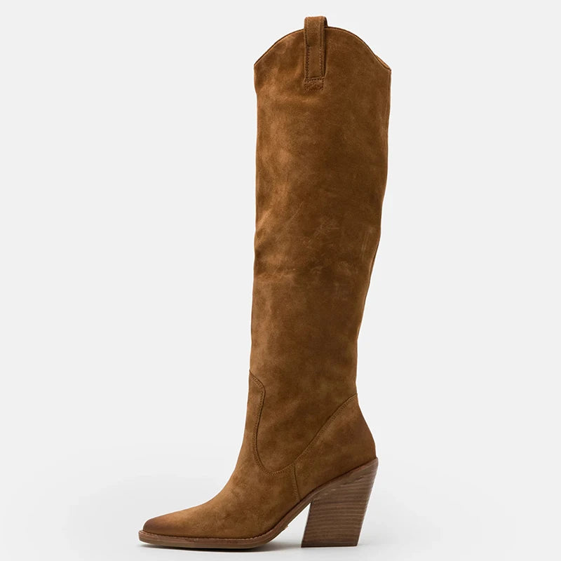 Brown knee-high boot on a white , Obroi
