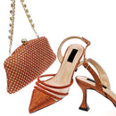 Women's Crystal Square Button Pointed High Heels Water Diamond Shiny Sandal Bag Set