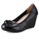 Women Genuine Leather Shoes Wedges Comfortable Shoes Bow Black Shoes Elegant Ladies