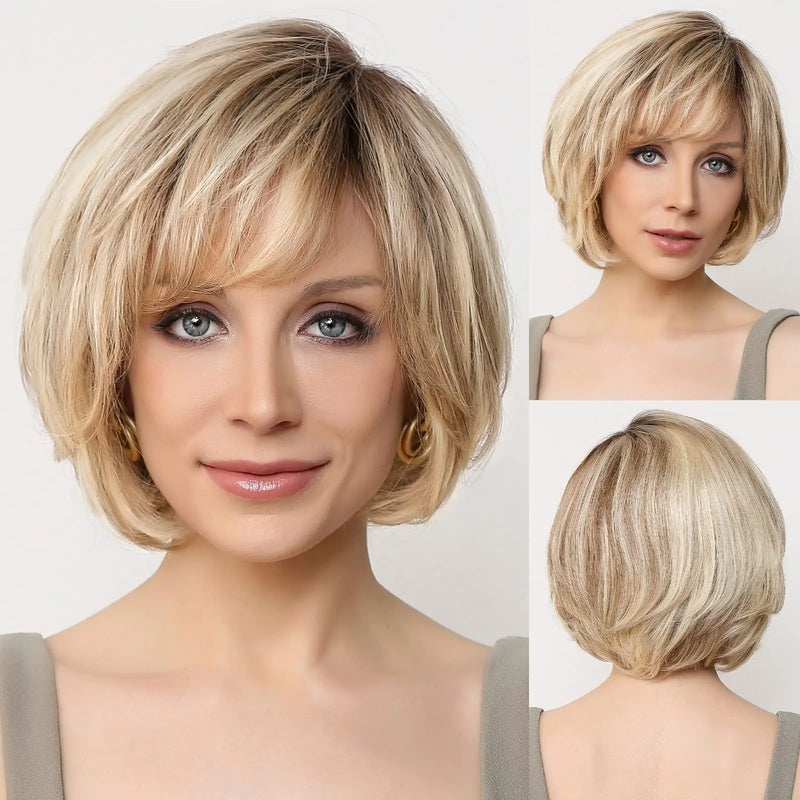 Short Straight Lace Front Human Hair Wigs with Bangs for  Bob Natural Wavy Layered Wigs