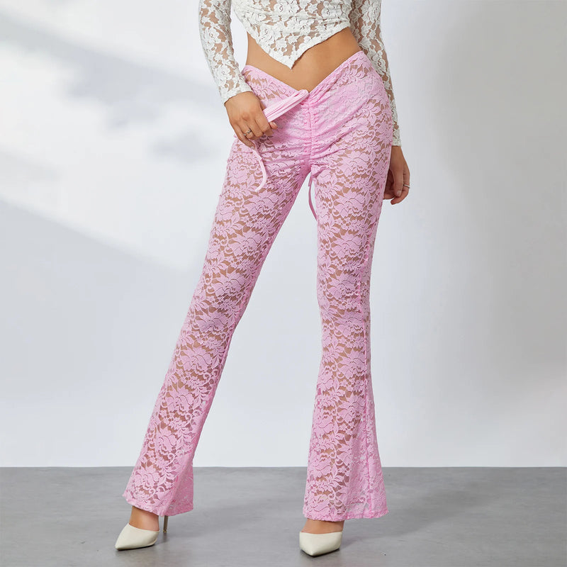 Floral Lace Sheer Flare Pants High Waist Cuffs Long Pant Fairy Coquette 90s Trousers Women Clubwear