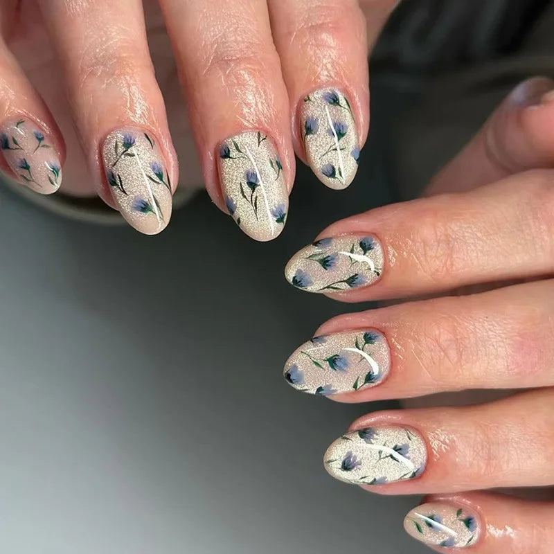 24pcs Cat Eye Press on Nails Finished Flower Design Full Cover Almond False Nail
