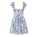 Boho Blue Floral Mini Dress Women Puff Sleeve Lace Spliced A-line Beach Holiday Summer Dresses