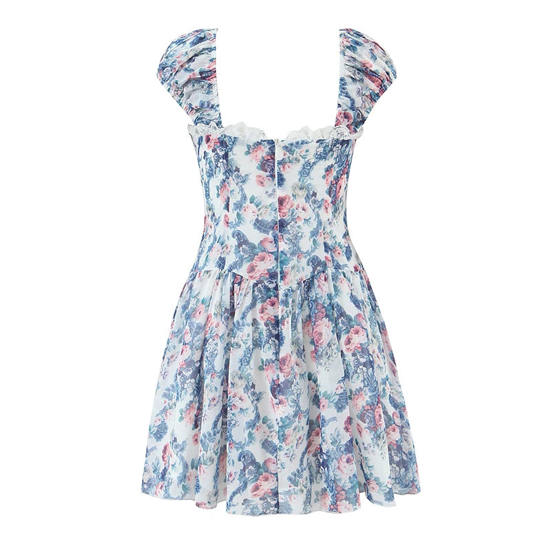 Boho Blue Floral Mini Dress Women Puff Sleeve Lace Spliced A-line Beach Holiday Summer Dresses