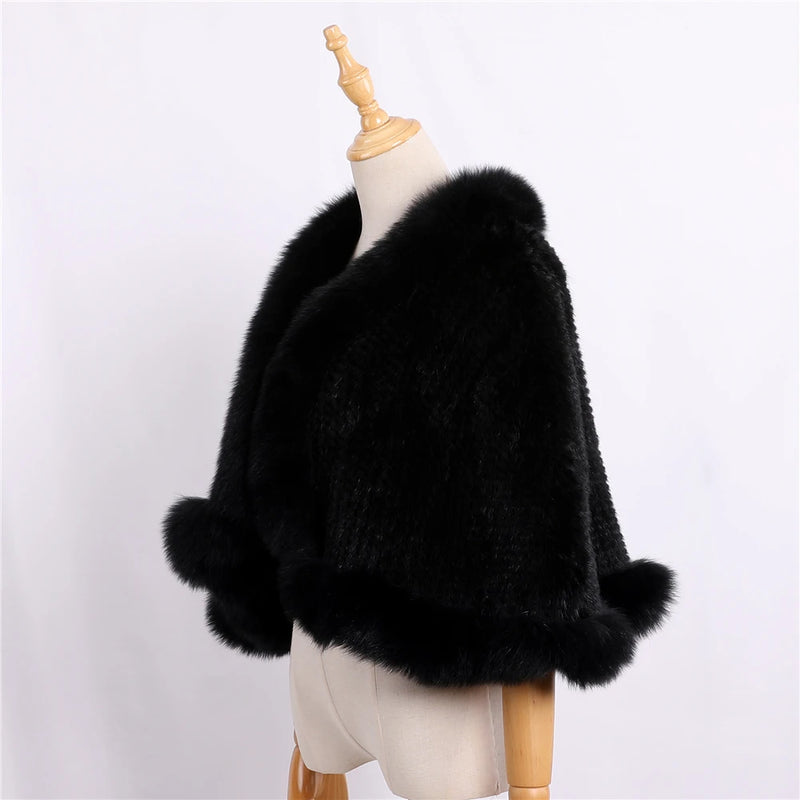 Luxury Genuine Mink Fur Knitted Shawl Wrap Opera Cape Fox fur women Lady mink fur coat Jacket Stole