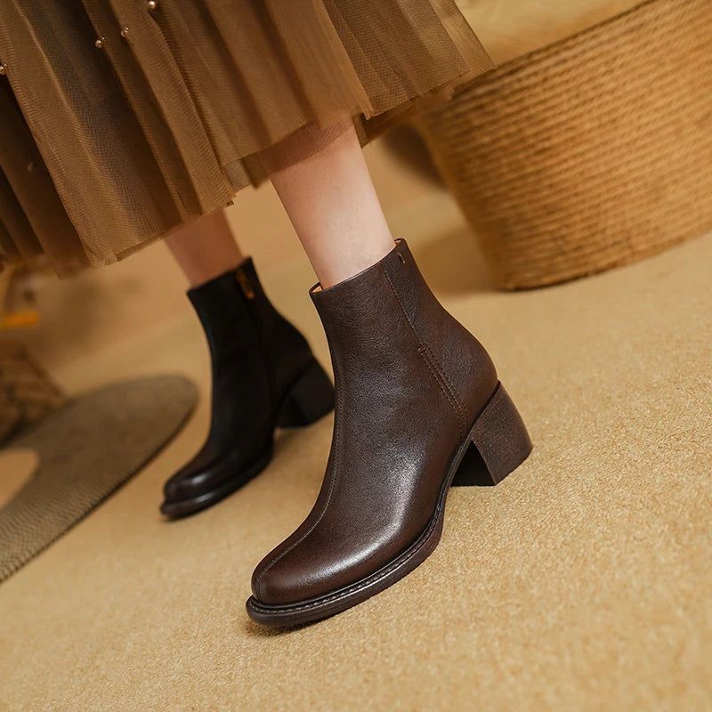 Leather Women Ankle Boots Spring Autumn Heeled Boots Retro Ladies Round Toe Black Zipper Boots