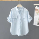 Summer Short Sleeve Cotton Shirt Women Casual Tops Solid Loose Fashion Blouse Elegant Pocket Office Lady Shirts Clothing