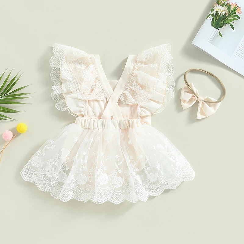 Summer Infant Baby Girls Bodysuit Dress Lace Flower Fly Sleeve Bowknot Jumpsuits Headband Clothes