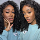 Side-by-side comparison of a woman with curly hair wearing a light blue sweater, Obroi