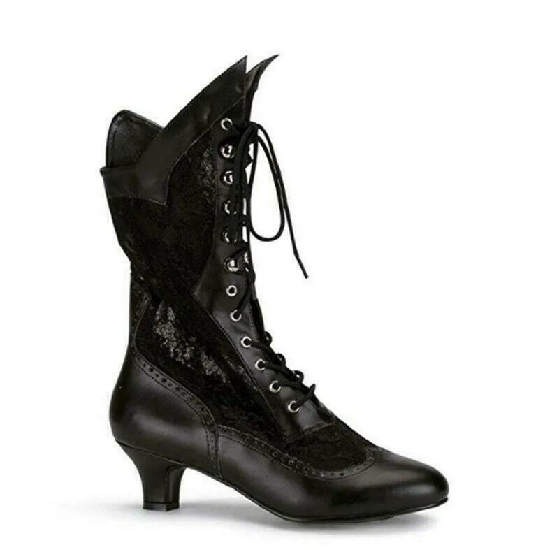 Women Victorian Pointed Toe Mid-Calf Boots Leather Lace Hollow Out Punk Lace Up Strange High Heel Shoes