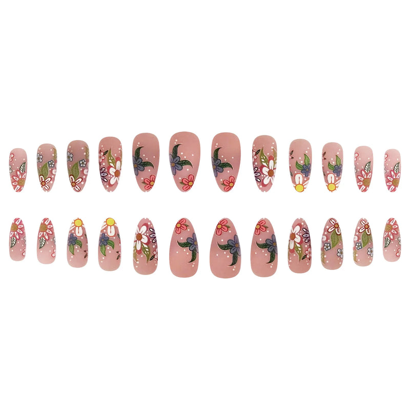 24pcs Spring Summer Flowers Fake Nail Full Cover Almond Press On Nails