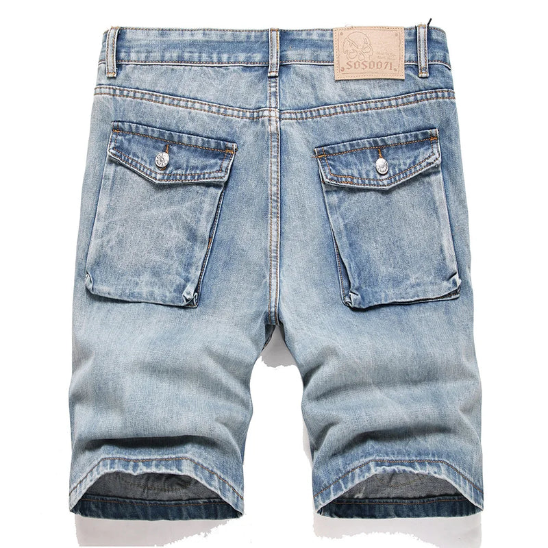 Men Denim Shorts Summer Rivet Blue Jeans Loose Straight Trousers