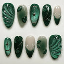 24pcs Green Cat's Eye Fake Nail Short Almond Nails Tips Rippled Press on Nails