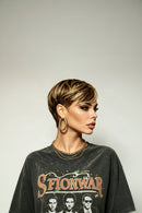 Pixie Cut Real Human Hair Wig Brown Blonde Highlight Soft Comfort Short Wig