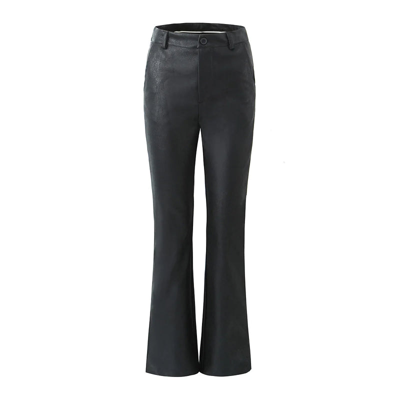 Retro Distressed Brown Leather Flare Pants Woman Middle Waist Loose Long Straight Trousers Casual Bottom Black