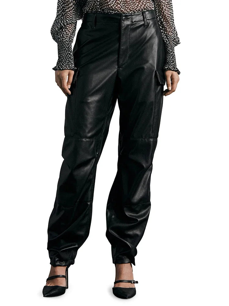 Women Leather Slim Pants Ladies Casual Stretch Trousers