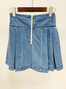 Denim Skirt Double Breasted Lion Button Pressed Pleated Washed Blue Denim Short Mini Skirt
