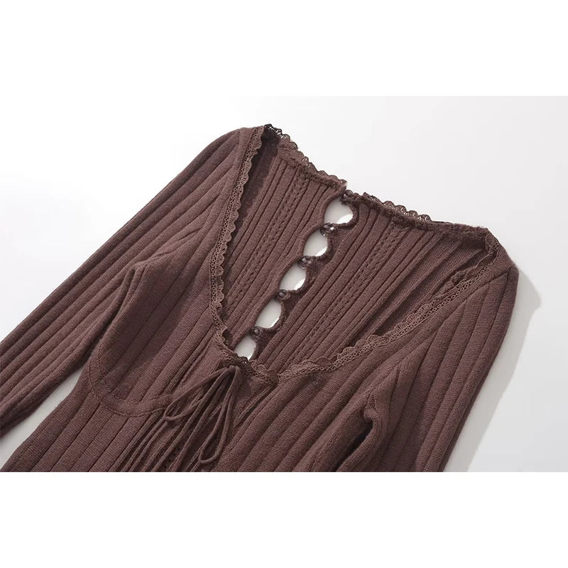 Women Low Collar Long Sleeve Bodycon Mini Dresses Hollow Out Ladies Party Robe