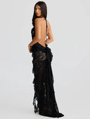 Lace Backless Dress Women Gown Halter Lace-up Bodycon Elegant Ruffle Dress