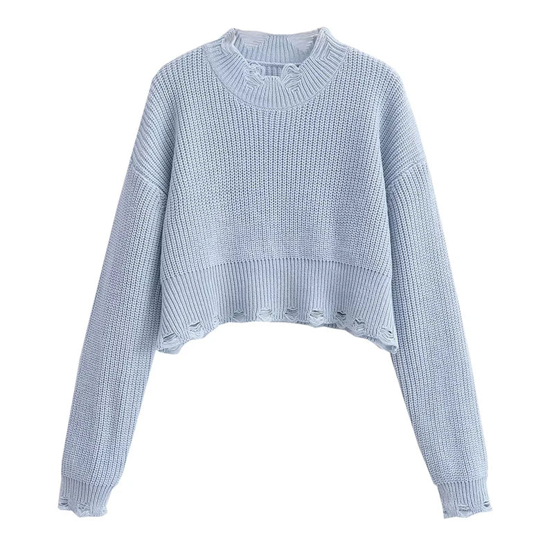 Autumn Women Vintage Lazy Hole Crop Knit Sweater Oversize Pullover Chic Top