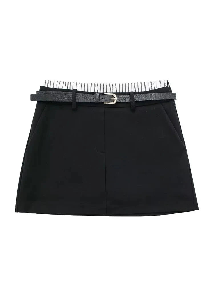 Women Vintage Flat Spliced Mini Shorts Skirts Lining High Waist Zipper Female Skirts