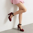 Ladies Pumps Square Toe Flock Suede Block Ankle Buckle Strap Party Mature Female Shoes