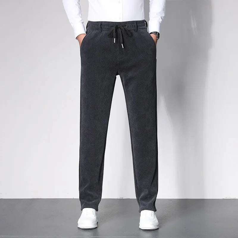 Spring Corduroy Men's Business Casual Trousers Zipper Pocket Elastic Waist Slim Jogging Pants Male Clothing