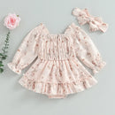 Baby Girl Fall Bodysuit Outfits Long Sleeve Floral Jumpsuit Dress with Headband Set