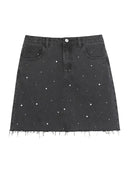 Black rivet diamond denim skirt Women summer retro bodycon raw mini skirts